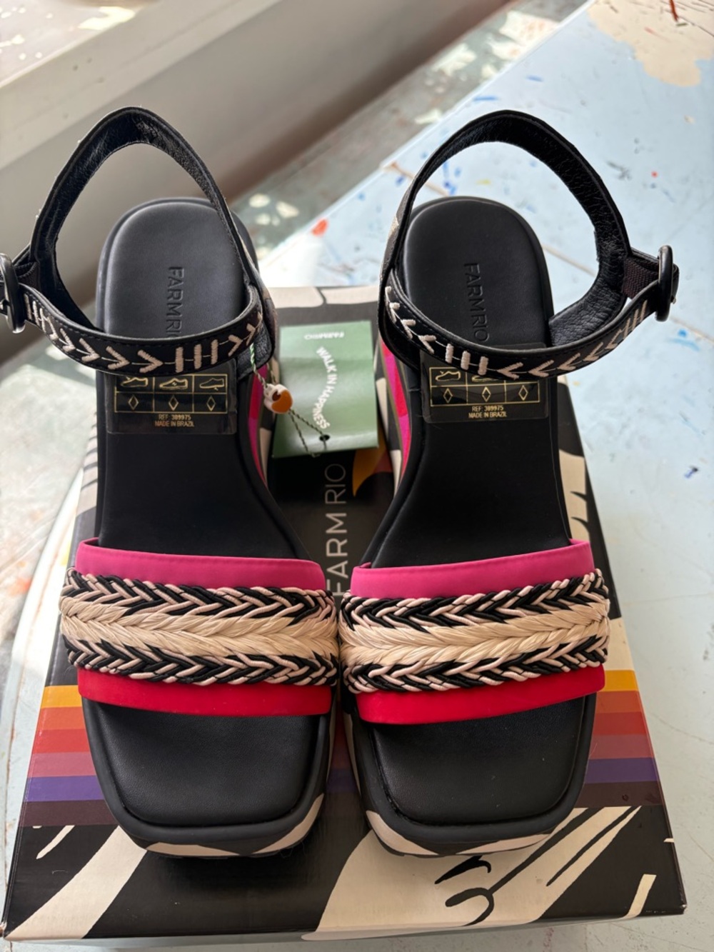 FARM Rio Black, Pink & Cream Platform Wedge Sandals with Geometric Trim - Picture 2 of 7